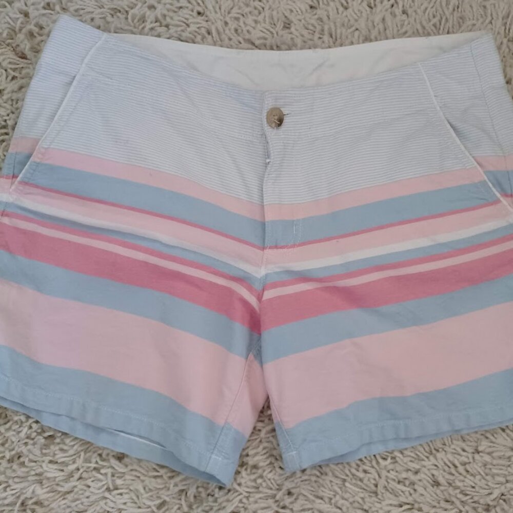 Columbia PFG Shorts Womens 8 Striped Pink Blue Fishing Outdoor Casual Summer